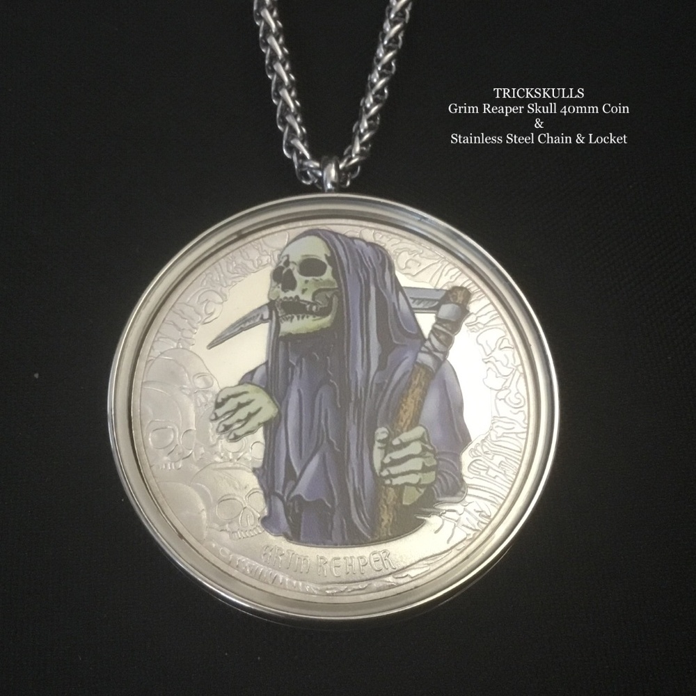 Grim Reaper Enamel Halloween Skull Coin Stainless Locket Custom Wheat Link Chain